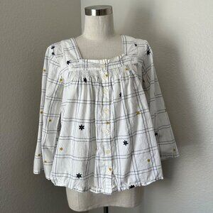 Madewell Blouse Square Neck Flower Embroidered Long Sleeve Ruched Loose Fit Cott